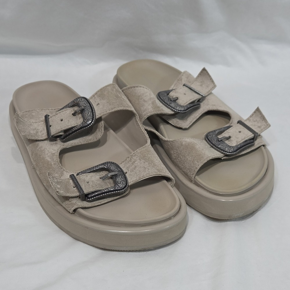 American Eagle Double Buckle Sandals Size 9 Western Vegan Suede Flatform Slides